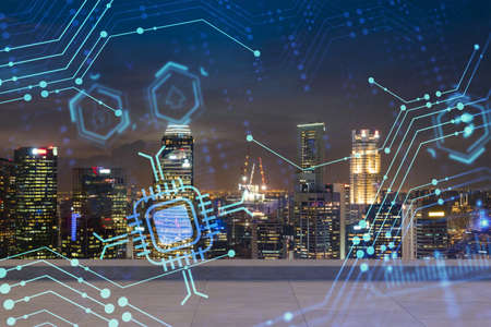 Rooftop with concrete terrace, Singapore night skyline. Hi tech digital holograms to optimize...