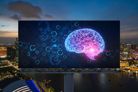 Brain hologram on billboard with Singapore cityscape background at night time. Street advertising...