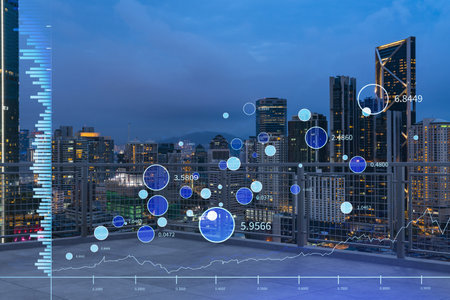 Rooftop with concrete terrace, Kuala Lumpur night skyline. Forecasting and business modeling of...