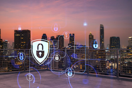 Rooftop with concrete terrace, Bangkok sunset skyline. Cyber security concept to protect clients...