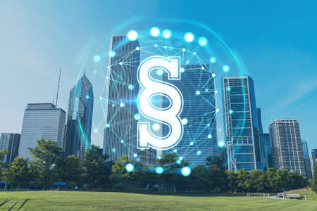 Chicago skyline, Butler Field towards financial district skyscrapers, day time, Illinois, USA. Parks and gardens. Legal icons hologram. The concept of law, order, regulations and digital justiceの写真素材