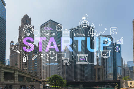 Panorama cityscape of Chicago downtown and Riverwalk, boardwalk with bridges at day time, Illinois, USA. Startup company, launch project to seek and develop scalable business model, hologramの写真素材