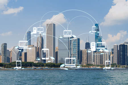 City view, downtown skyscrapers, Chicago skyline panorama over Lake Michigan, harbor area, day time,...