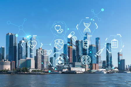 New York City skyline from New Jersey over the Hudson River towards the Hudson Yards at day....