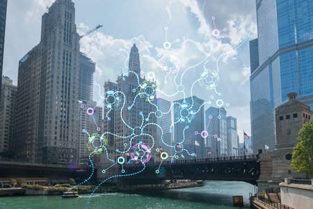 Panorama cityscape of Chicago downtown and Riverwalk, boardwalk with bridges at day time, Illinois,...