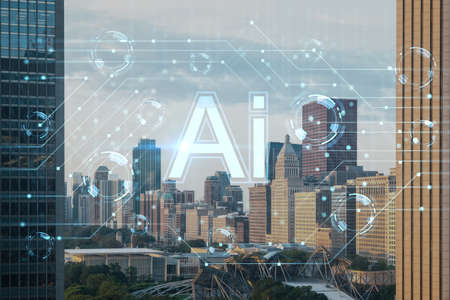 Aerial city panorama, Chicago downtown and Millennium Park, day time, Illinois, USA. Hologram of Artificial Intelligence concept. AI and business, machine learning, neural network, roboticsの写真素材