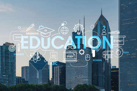 Chicago skyline from Butler Field to financial district skyscrapers at sunset, Illinois, USA. Parks and gardens. Education concept. Academic research, top ranking universities, hologramの写真素材