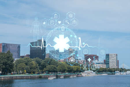 Panorama Boston city view skyline and Massachusetts Institute of Technology campus at day time....
