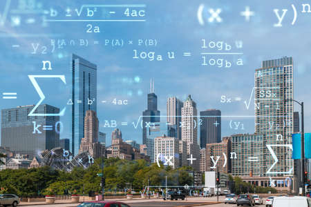Chicago skyline from Butler Field towards financial district skyscrapers, day time, Chicago, Illinois, USA. Parks and gardens. Education concept. Academic research, top ranking universities, hologramの写真素材