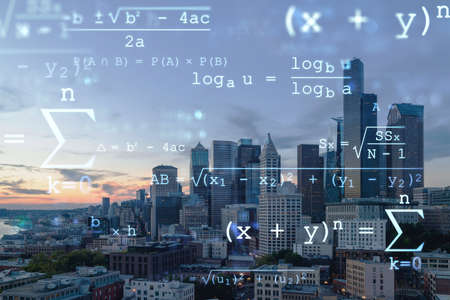 Seattle aerial skyline panorama of downtown skyscrapers at sunset, Washington USA. Technologies and education concept. Academic research, top ranking university, hologramの写真素材