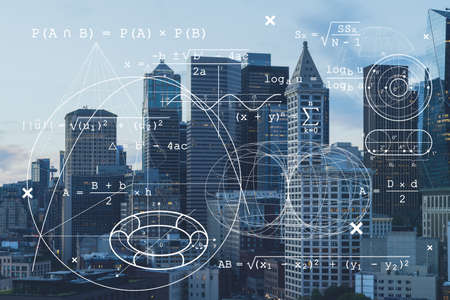 Seattle aerial skyline panorama of downtown at day time, Washington USA. Technologies and education concept. Academic research, top ranking university, hologramの写真素材