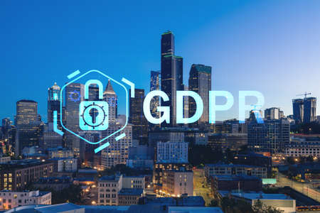 Illuminated aerial cityscape of Seattle, downtown at night time, Washington, USA. GDPR hologram,...