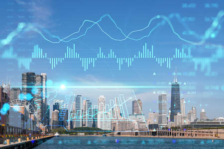 City view, downtown skyscrapers, Chicago skyline panorama, Lake Michigan, harbor area, daytime, Illinois, USA. Forex graph hologram. The concept of internet trading, brokerage and fundamental analysisの写真素材