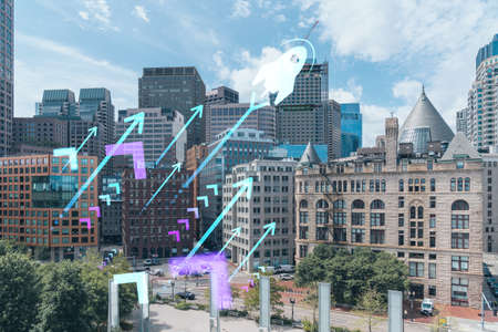 Financial downtown city view panorama of Boston from Harbour area at day time, Massachusetts. Startup company, launch project to seek, develop and validate scalable business model, hologram sketchの写真素材