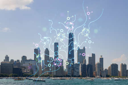 City view, downtown skyscrapers, Chicago skyline panorama, Lake Michigan, harbor area, daytime,...