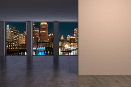 Panoramic picturesque city view of Boston at night time from modern empty room, Massachusetts. An...