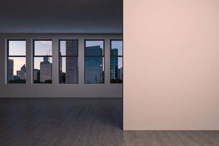 Downtown Chicago City Skyline Buildings Window background. Copy space white wall. Empty room...