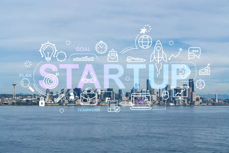 Seattle skyline with waterfront view. Skyscrapers of financial downtown at day time, Washington,...