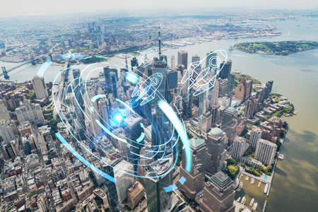 Aerial panoramic helicopter city view, Lower Manhattan, Downtown, New York, USA. World Trade Center,...