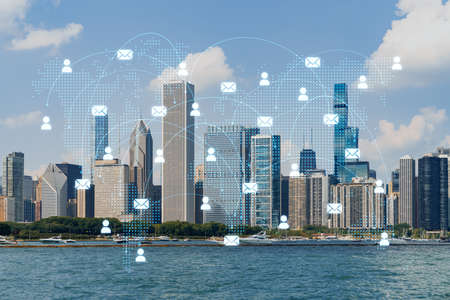 City view, downtown skyscrapers, Chicago skyline panorama over Lake Michigan, harbor area, day time,...