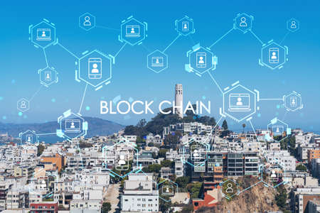 Panoramic cityscape view of San Francisco at day time, Coit Tower and Telegraph Hill, California, United States. Decentralized economy. Blockchain, cryptography and cryptocurrency concept, hologramの写真素材