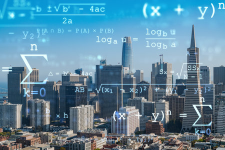 San Francisco skyline from Coit Tower to Financial District and residential neighborhoods, California, US. Technologies, education concept. Academic research, top ranking university, hologramの写真素材