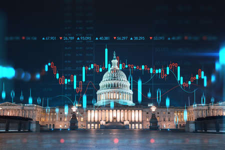 Front view, Capitol dome building at night, Washington DC, USA. Illuminated Home of Congress and...