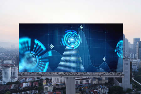 Glowing hologram of technological process on billboard, aerial panoramic cityscape of Kuala Lumpur...