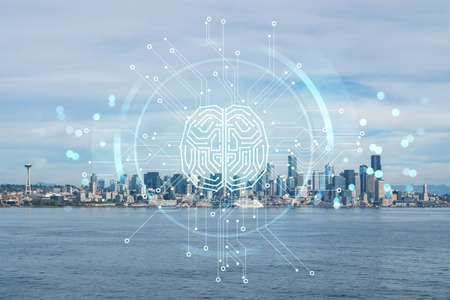 Seattle skyline with waterfront view. Skyscrapers of financial downtown at day time, Washington, USA. Artificial Intelligence concept, hologram. AI, machine learning, neural network, roboticsの写真素材