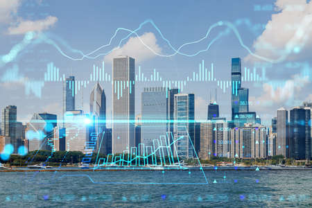 City view, downtown skyscrapers, Chicago skyline panorama, Lake Michigan, harbor area, daytime,...