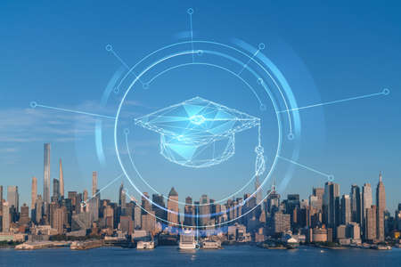 New York City skyline from New Jersey over Hudson River, Midtown Manhattan skyscrapers at sunset, USA. Technologies and education concept. Academic research, top ranking university, hologramの写真素材