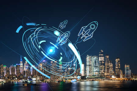 New York City skyline from New Jersey over the Hudson River with Hudson Yards at night. Manhattan, Midtown. Startup company, launch project to seek and develop scalable business model, hologramの写真素材