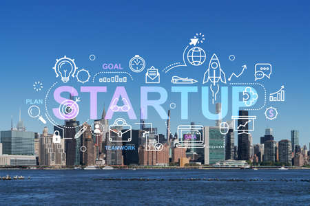 New York City skyline, United Nation headquarters over the East River, Manhattan, Midtown at day time, NYC, USA. Startup company, launch project to seek and develop scalable business model, hologramの写真素材