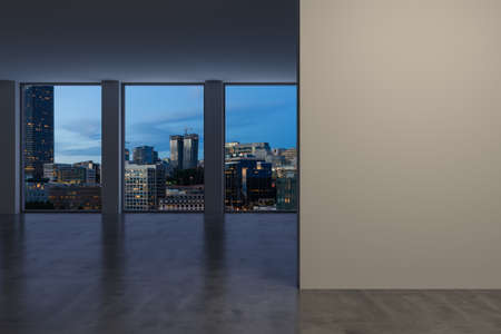 Downtown Seattle City Skyline Buildings from High Rise Window. Beautiful Expensive Real Estate overlooking. Empty room Interior. Mockup wall. skyscraper cityscape. night. USA. 3d renderingの写真素材