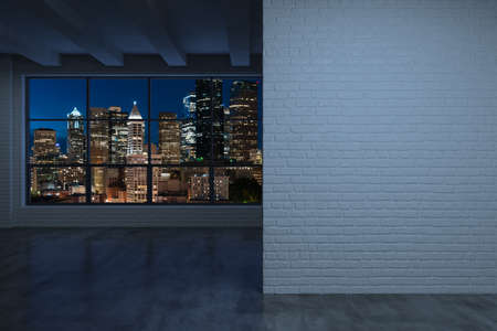Downtown Seattle City Skyline Buildings from High Rise Window. Beautiful Expensive Real Estate overlooking. Empty room Interior. Mockup wall. skyscraper cityscape. night. USA. 3d renderingの写真素材