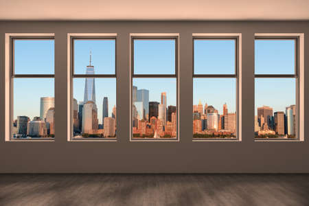 Downtown New York City Lower Manhattan Skyline Buildings. high floor window. Beautiful Expensive Real Estate. Empty room Interior Skyscrapers View Cityscape. financial district. night. 3d rendering.の写真素材