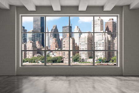 Midtown New York City Manhattan Skyline Buildings from High Rise Window. Beautiful Expensive Real Estate. Empty room Interior Skyscrapers View Cityscape. daytime. east side. 3d rendering.の写真素材