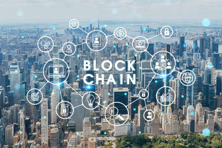 Aerial panoramic helicopter city view of Midtown Manhattan neighborhoods and Central Park, New York, USA. decentralized economy. Blockchain, cryptography and cryptocurrency concept, hologramの写真素材