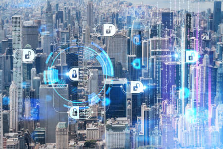Aerial panoramic helicopter city view of Midtown Manhattan neighborhoods and Central Park, New York, USA. decentralized economy. Blockchain, cryptography and cryptocurrency concept, hologramの写真素材