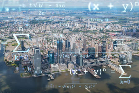 Aerial panoramic helicopter city view of New Jersey City financial Downtown skyscrapers. Technologies and education concept. Academic research, top ranking university, hologramの写真素材