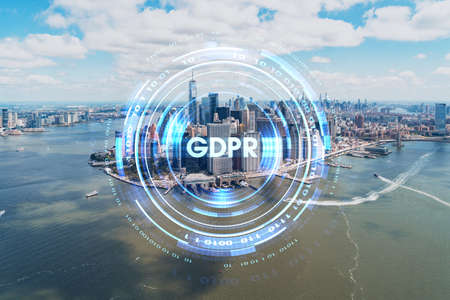 Aerial panoramic helicopter city view on Lower Manhattan district and financial Downtown, New York, USA. GDPR hologram, concept of data protection regulation and privacy for all individualsの写真素材