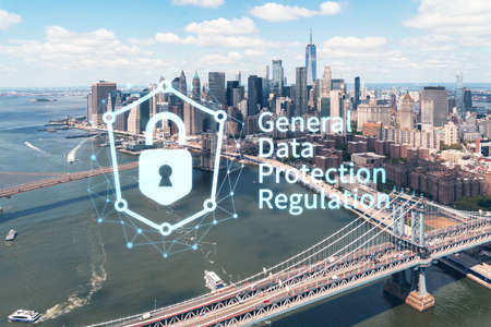 Aerial panoramic city view of Lower Manhattan. Brooklyn and Manhattan bridges over East River, New York, USA. GDPR hologram, concept of data protection regulation and privacy for all individualsの写真素材