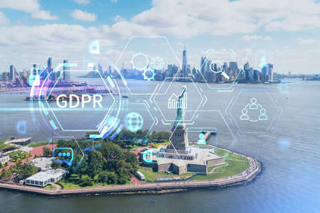 Aerial panoramic helicopter city view of Lower Manhattan, Downtown, New York, New Jersey, and Statue of Liberty. GDPR hologram, concept of data protection regulation and privacy for all individualsの写真素材