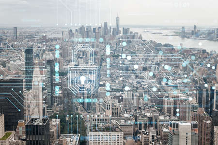 Aerial panoramic city view of Lower Manhattan, Midtown, Downtown, Financial district, West Side at day time, NYC, USA. Concept of cyber security to protect confidential information, padlock hologramの写真素材