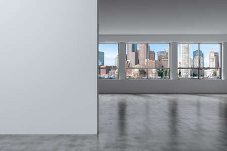 Panoramic picturesque city view of Boston at day time from modern empty room, Massachusetts. An intellectual and political center. Mockup copy space empty wall. display concept. 3d rendering.の写真素材