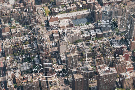 Aerial top view of New York City building roofs. Bird's eye view from helicopter of metropolis cityscape. Technologies and education concept. Academic research, top ranking university, hologramの写真素材