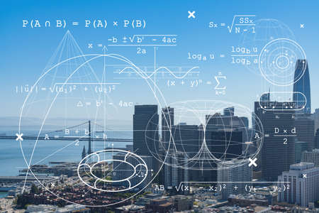 San Francisco skyline from Coit Tower to Financial District and residential neighborhoods, California, US. Technologies, education concept. Academic research, top ranking university, hologramの写真素材