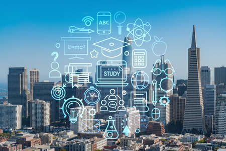 San Francisco skyline from Coit Tower to Financial District and residential neighborhoods, California, US. Technologies, education concept. Academic research, top ranking university, hologramの写真素材