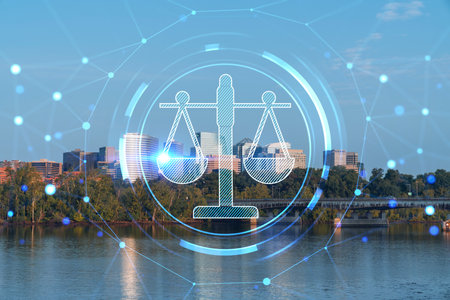 Panoramic view, Washington towards Arlington financial downtown, city skyline over Potomac River. Virginia, USA Glowing hologram legal icons. The concept of law, order, regulations and digital justiceの写真素材