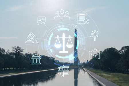 Washington Monument and the Capitol Building, Washington DC, USA. Seen from reflecting pool. Glowing hologram legal icons. The concept of law, order, regulations and digital justiceの写真素材